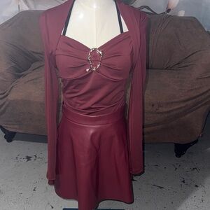 Burgundy Two-Piece Dress Set with Gold Ring Accent